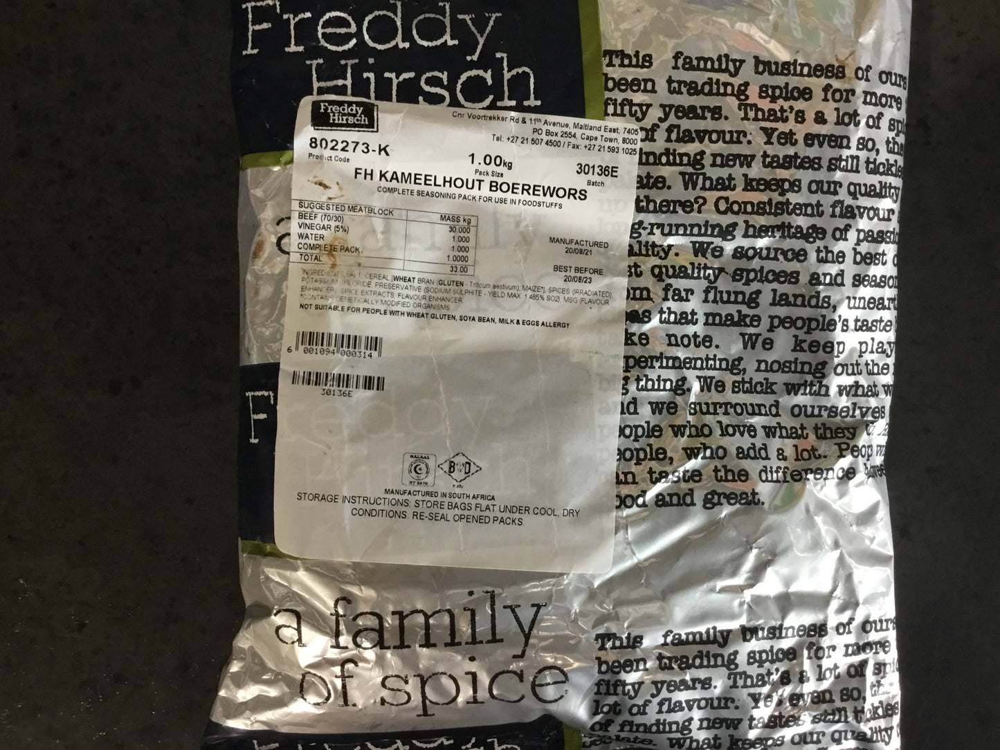 Freddy Hirsch Kameelhout Boerewors1kg