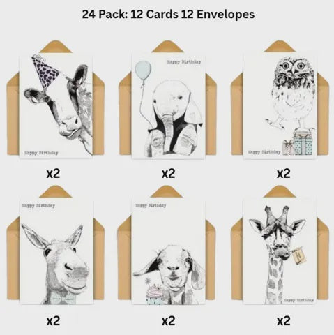 Animal Birthday Cards 24 pack (12 cards)